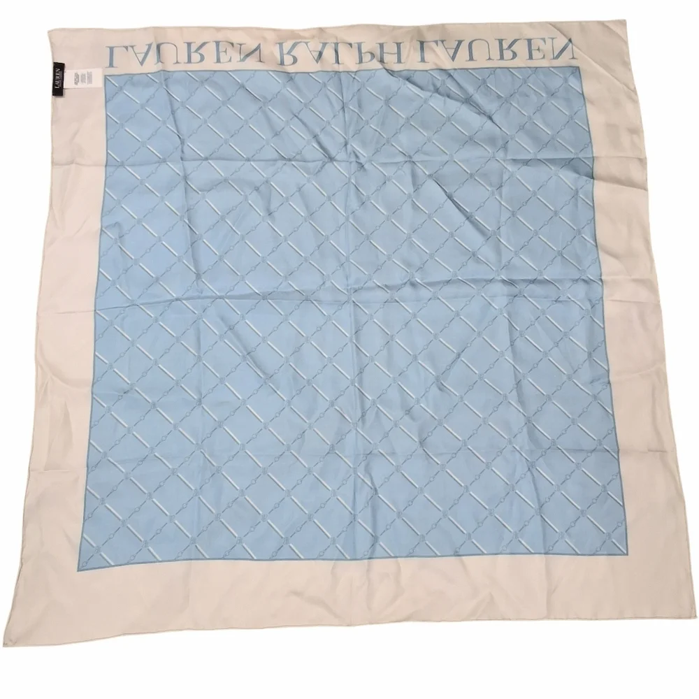LRL Ralph Lauren~Black Label Women's Silk Crest Scarf~Light Blue~Quiet Luxury